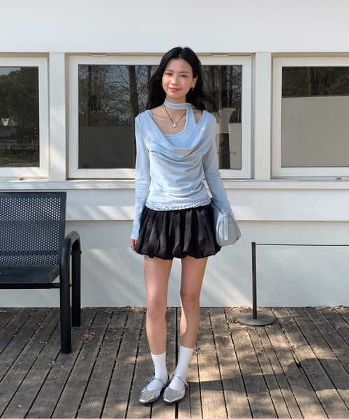 Siel（シエル）の「ネックタイアシメカットソー（Tシャツ/カットソー・レディース・グレー/ピンク/ダークグレー/ライトブルー・FREE）」の9枚目の写真