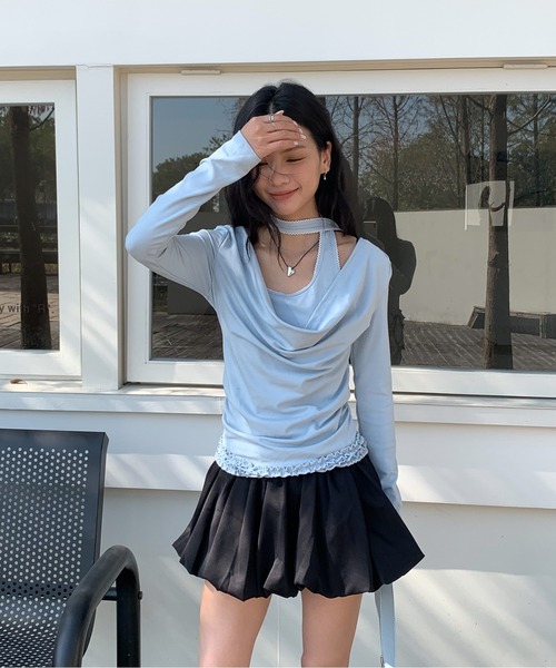Siel（シエル）の「ネックタイアシメカットソー（Tシャツ/カットソー・レディース・グレー/ピンク/ダークグレー/ライトブルー・FREE）」の10枚目の写真