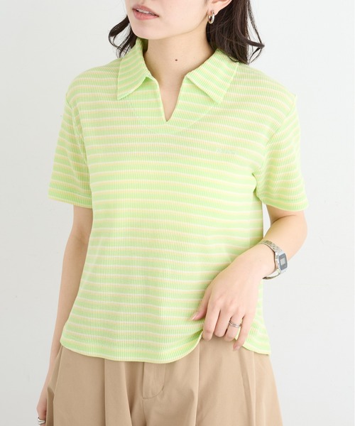 Healthknit(ヘルスニット)の「【Healthknit】26SS Multi Border Waffle Skipper Polo S/S 682S(ポロシャツ・レディース・アイボリー系1/ライム/ブラウン系1・FREE)」の1枚目の写真