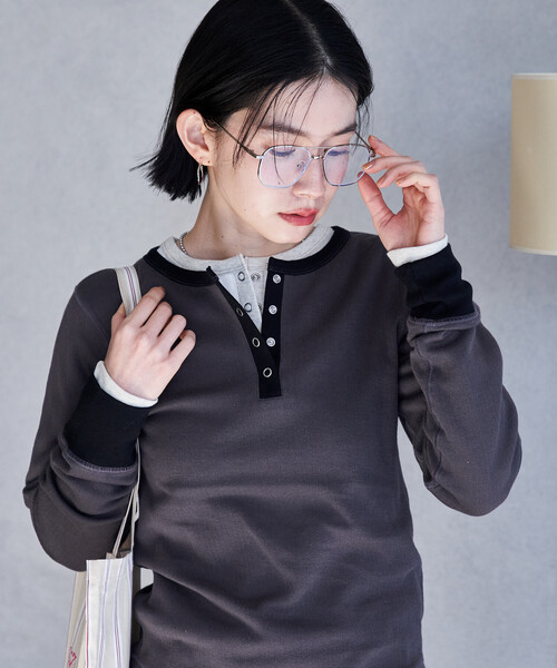 セール】ダブルフェイス 配色 ヘンリー ロンT（Tシャツ/カットソー