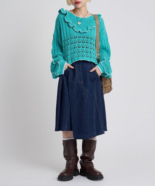 w closet（ダブルクローゼット）の「透かし編みフリルニット（パーカー・レディース・イエロー/ネイビー/グリーン/グレー/アイボリー・FREE）」の3枚目の写真