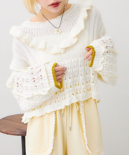 w closet（ダブルクローゼット）の「透かし編みフリルニット（パーカー・レディース・イエロー/ネイビー/グリーン/グレー/アイボリー・FREE）」の2枚目の写真
