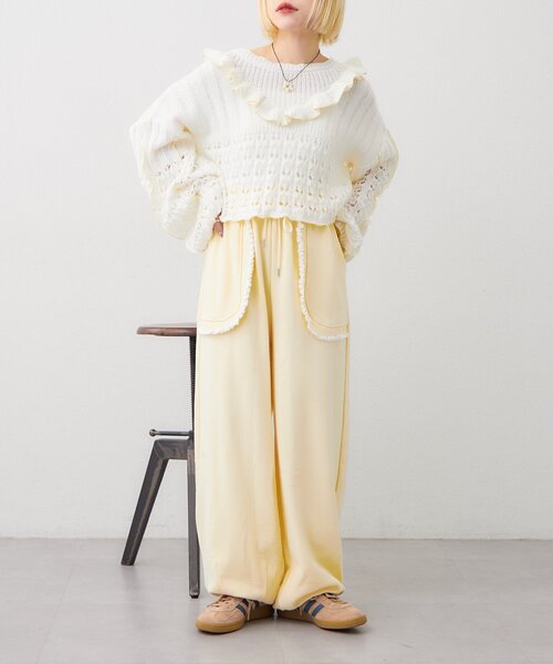 w closet（ダブルクローゼット）の「透かし編みフリルニット（パーカー・レディース・イエロー/ネイビー/グリーン/グレー/アイボリー・FREE）」の13枚目の写真