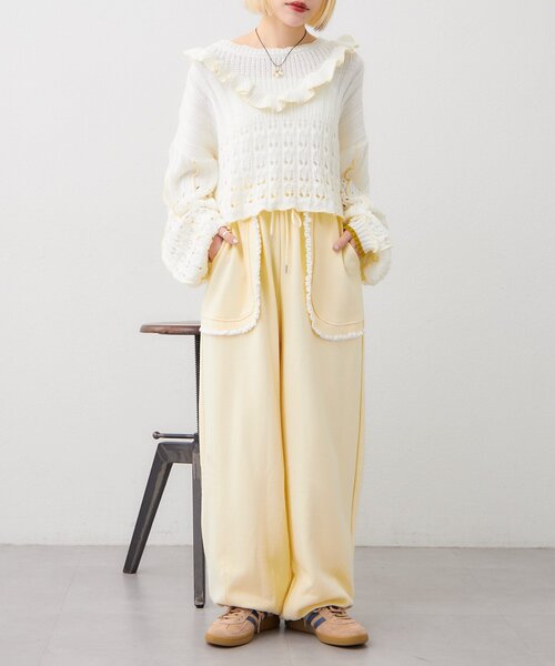 w closet（ダブルクローゼット）の「透かし編みフリルニット（パーカー・レディース・イエロー/ネイビー/グリーン/グレー/アイボリー・FREE）」の14枚目の写真