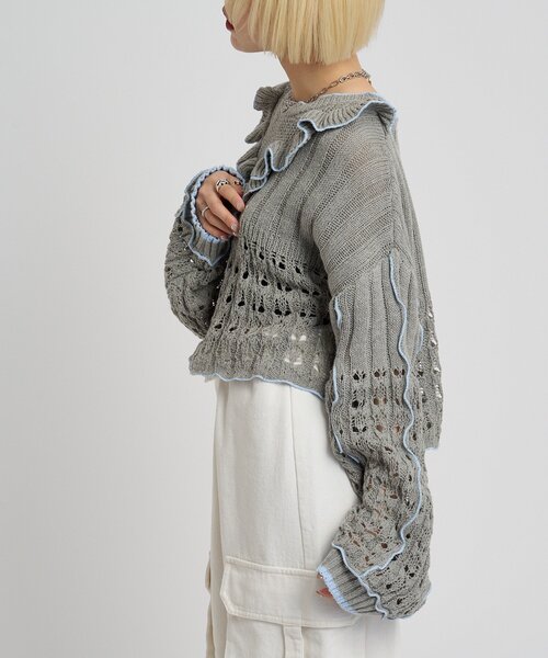 w closet（ダブルクローゼット）の「透かし編みフリルニット（パーカー・レディース・イエロー/ネイビー/グリーン/グレー/アイボリー・FREE）」の19枚目の写真