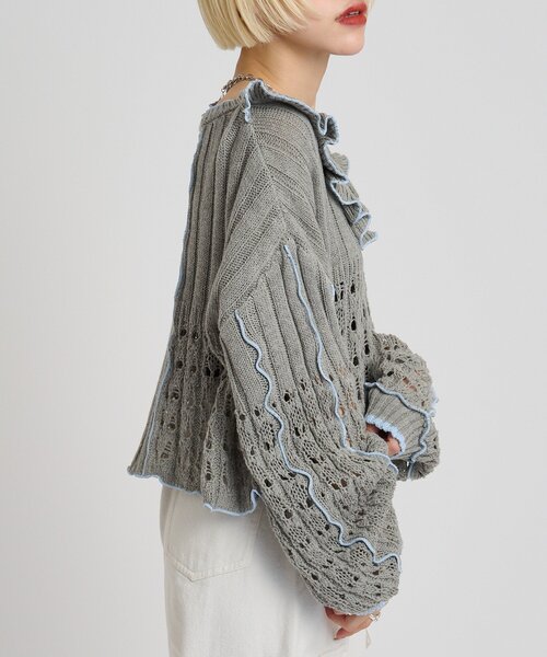 w closet（ダブルクローゼット）の「透かし編みフリルニット（パーカー・レディース・イエロー/ネイビー/グリーン/グレー/アイボリー・FREE）」の21枚目の写真