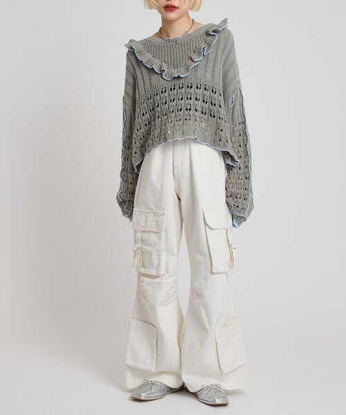 w closet（ダブルクローゼット）の「透かし編みフリルニット（パーカー・レディース・イエロー/ネイビー/グリーン/グレー/アイボリー・FREE）」の22枚目の写真