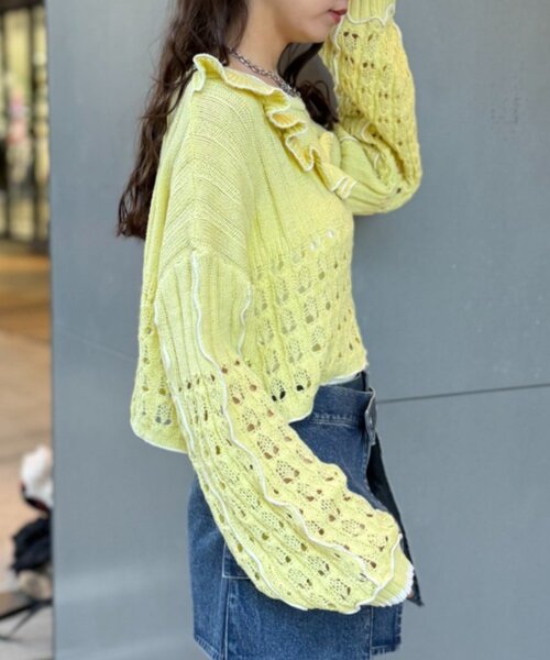 w closet（ダブルクローゼット）の「透かし編みフリルニット（パーカー・レディース・イエロー/ネイビー/グリーン/グレー/アイボリー・FREE）」の9枚目の写真