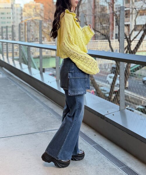 w closet（ダブルクローゼット）の「透かし編みフリルニット（パーカー・レディース・イエロー/ネイビー/グリーン/グレー/アイボリー・FREE）」の12枚目の写真