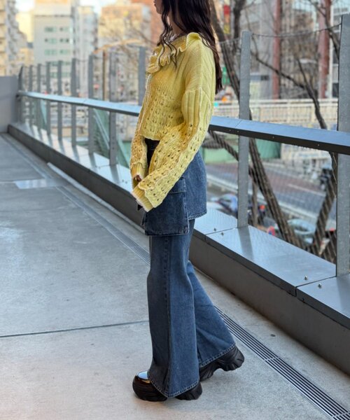 w closet（ダブルクローゼット）の「透かし編みフリルニット（パーカー・レディース・イエロー/ネイビー/グリーン/グレー/アイボリー・FREE）」の7枚目の写真