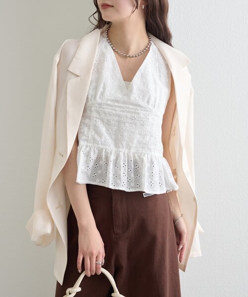 mystic（ミスティック）の「コットン刺繍ホルターネック（シャツ/ブラウス・レディース・オフホワイト/ピンク/ブラック・FREE）」の6枚目の写真