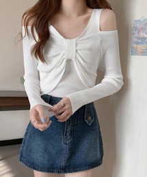 フロントリボンリブニットトップス大人薄手