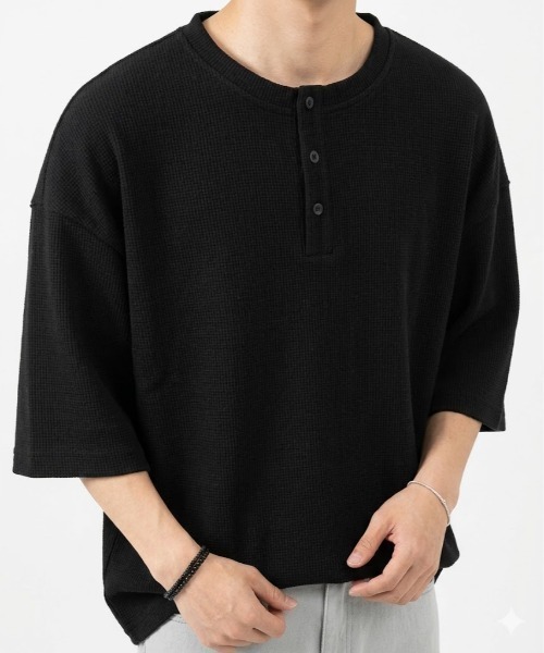 link lot(リンクロット)の「ワッフル / オーバーサイズヘンリーネックT(Tシャツ/カットソー・メンズ・グレー/ブラック・L/M)」の2枚目の写真