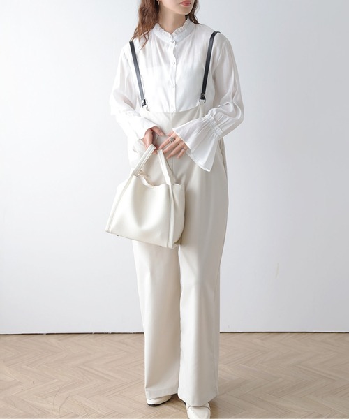 La-gemme(ラジェム)の「サスペンダー付きワイドサロペット(サロペット/オーバーオール・レディース・ブラック/アイボリー/ベージュ/チェック・フリー)」の2枚目の写真