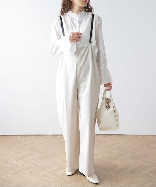 La-gemme(ラジェム)の「サスペンダー付きワイドサロペット(サロペット/オーバーオール・レディース・ブラック/アイボリー/ベージュ/チェック・フリー)」の5枚目の写真