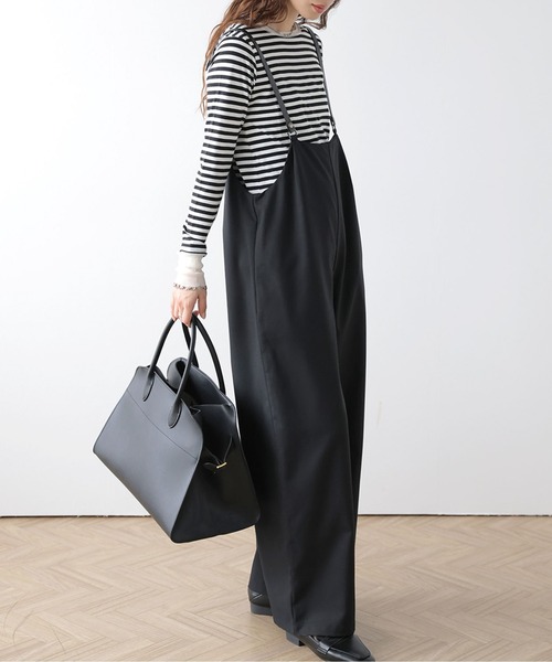 La-gemme(ラジェム)の「サスペンダー付きワイドサロペット(サロペット/オーバーオール・レディース・ブラック/アイボリー/ベージュ/チェック・フリー)」の9枚目の写真