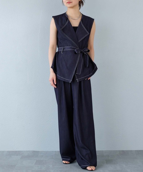 murea（ミュレア）の「デニムラペルカラージレ＋デニムワイドパンツ＋ベルトset（セットアップ・レディース・ブラック/ブルー・S/M）」の13枚目の写真