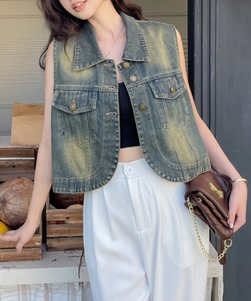 emi+(エミプラス)の「ショート丈デニムベスト(ベスト・レディース・インディゴブルー/ブルー・FREE)」の2枚目の写真