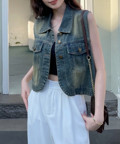 emi+(エミプラス)の「ショート丈デニムベスト(ベスト・レディース・インディゴブルー/ブルー・FREE)」の16枚目の写真