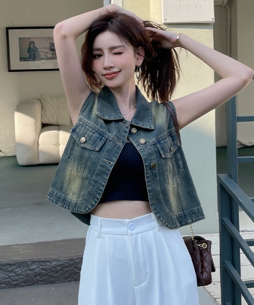 emi+(エミプラス)の「ショート丈デニムベスト(ベスト・レディース・インディゴブルー/ブルー・FREE)」の17枚目の写真