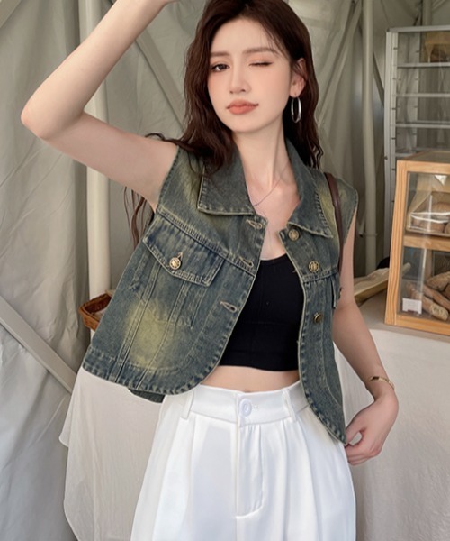 emi+(エミプラス)の「ショート丈デニムベスト(ベスト・レディース・インディゴブルー/ブルー・FREE)」の10枚目の写真