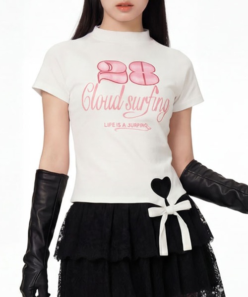 HOOK(フック)の「HOOK for girls ガーリーカジュアルリボンTシャツ (SS)(Tシャツ/カットソー・レディース・ホワイト/ブラック・L/M)」の2枚目の写真
