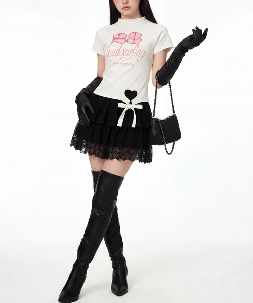 HOOK(フック)の「HOOK for girls ガーリーカジュアルリボンTシャツ (SS)(Tシャツ/カットソー・レディース・ホワイト/ブラック・L/M)」の7枚目の写真