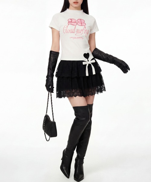 HOOK(フック)の「HOOK for girls ガーリーカジュアルリボンTシャツ (SS)(Tシャツ/カットソー・レディース・ホワイト/ブラック・L/M)」の5枚目の写真