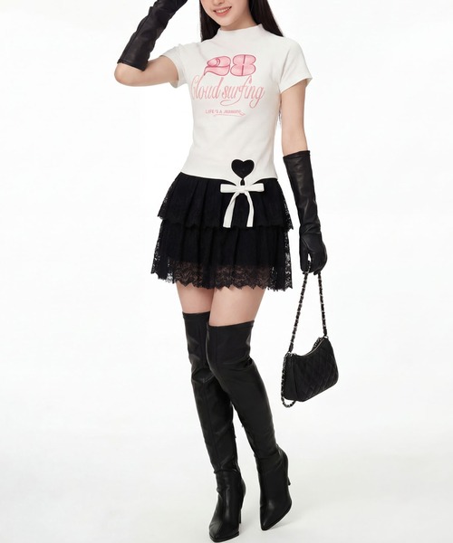 HOOK(フック)の「HOOK for girls ガーリーカジュアルリボンTシャツ (SS)(Tシャツ/カットソー・レディース・ホワイト/ブラック・L/M)」の6枚目の写真