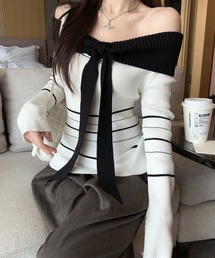 VIBGYOR | 【EIZZ/アイズ】バイカラー リボン オフショルダー リブニット トップス(ニット/セーター)