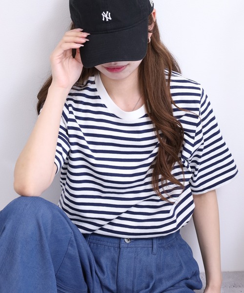 FUNALIVE（ファンアライブ）の「ボーダーコットン天竺半袖Tシャツ（Tシャツ/カットソー・レディース・ネイビー/オフホワイト/ブルー/グリーン・L/M/LL）」の3枚目の写真
