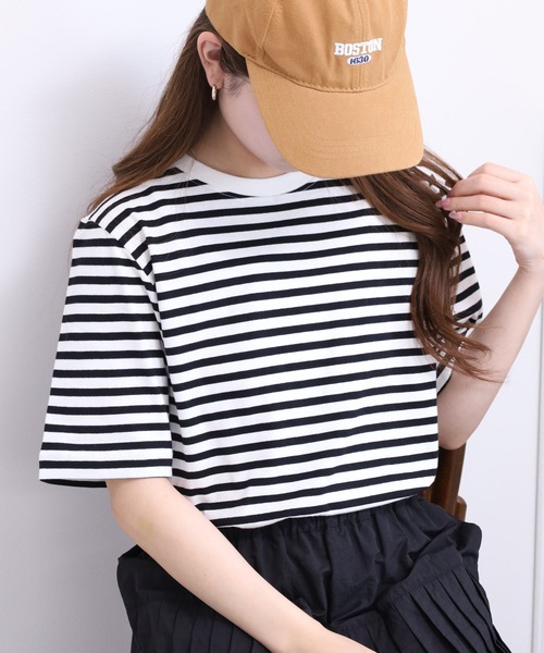 FUNALIVE（ファンアライブ）の「ボーダーコットン天竺半袖Tシャツ（Tシャツ/カットソー・レディース・ネイビー/オフホワイト/ブルー/グリーン・L/M/LL）」の6枚目の写真