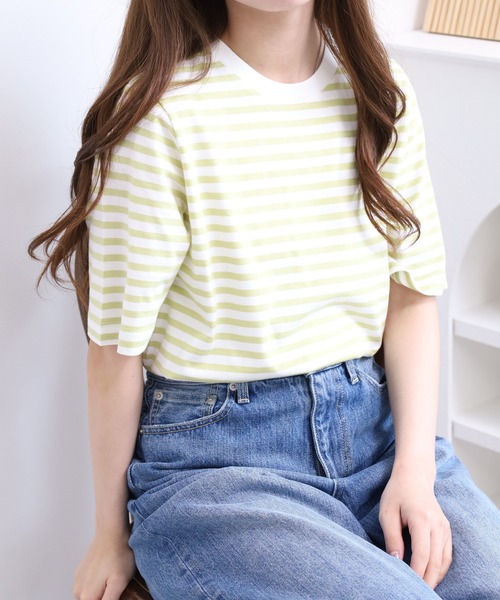 FUNALIVE（ファンアライブ）の「ボーダーコットン天竺半袖Tシャツ（Tシャツ/カットソー・レディース・ネイビー/オフホワイト/ブルー/グリーン・L/M/LL）」の13枚目の写真