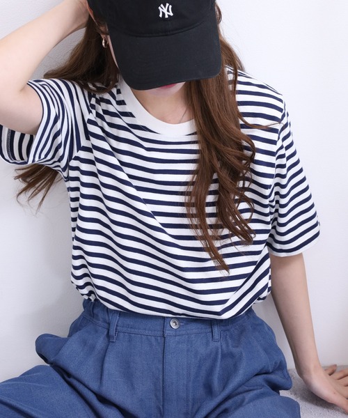 FUNALIVE（ファンアライブ）の「ボーダーコットン天竺半袖Tシャツ（Tシャツ/カットソー・レディース・ネイビー/オフホワイト/ブルー/グリーン・L/M/LL）」の19枚目の写真
