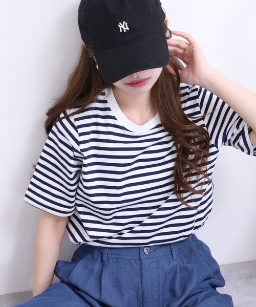 FUNALIVE（ファンアライブ）の「ボーダーコットン天竺半袖Tシャツ（Tシャツ/カットソー・レディース・ネイビー/オフホワイト/ブルー/グリーン・L/M/LL）」の21枚目の写真
