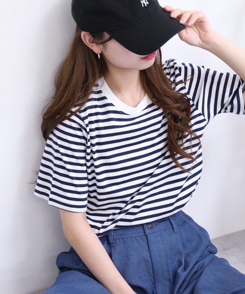 FUNALIVE（ファンアライブ）の「ボーダーコットン天竺半袖Tシャツ（Tシャツ/カットソー・レディース・ネイビー/オフホワイト/ブルー/グリーン・L/M/LL）」の22枚目の写真