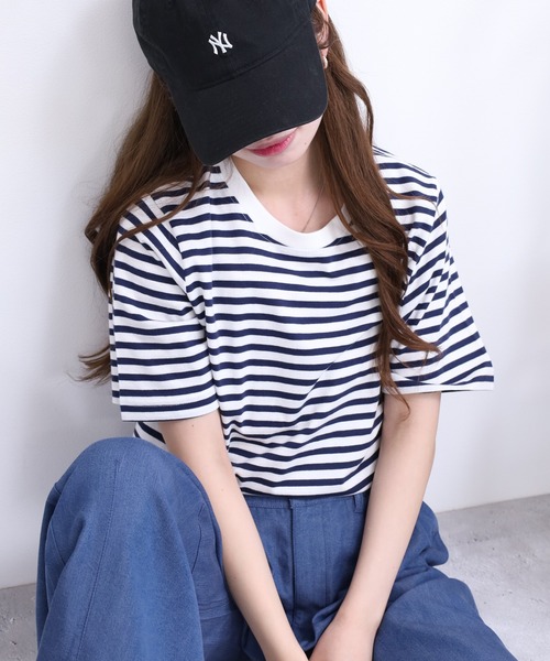 FUNALIVE（ファンアライブ）の「ボーダーコットン天竺半袖Tシャツ（Tシャツ/カットソー・レディース・ネイビー/オフホワイト/ブルー/グリーン・L/M/LL）」の20枚目の写真