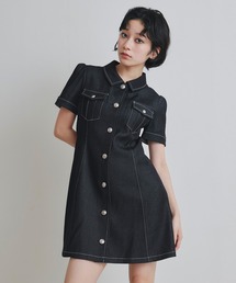 ハーフスリーブデニムフレアシャツミニワンピース
