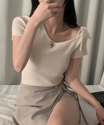 リボンワンショルダー半袖リブニット