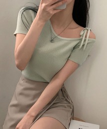リボンワンショルダー半袖リブニット