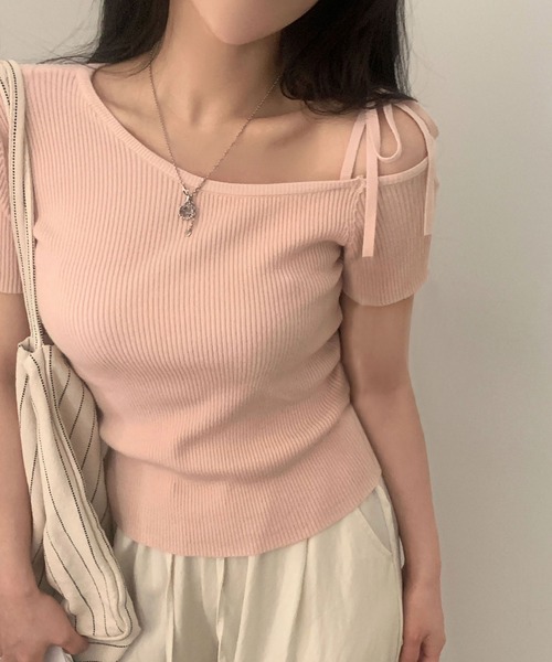 Girly Doll(ガーリードール)の「リボンワンショルダー半袖リブニット(その他トップス・レディース・グリーン/ピンク/オフホワイト/ネイビー/ピンクベージュ・FREE)」の20枚目の写真