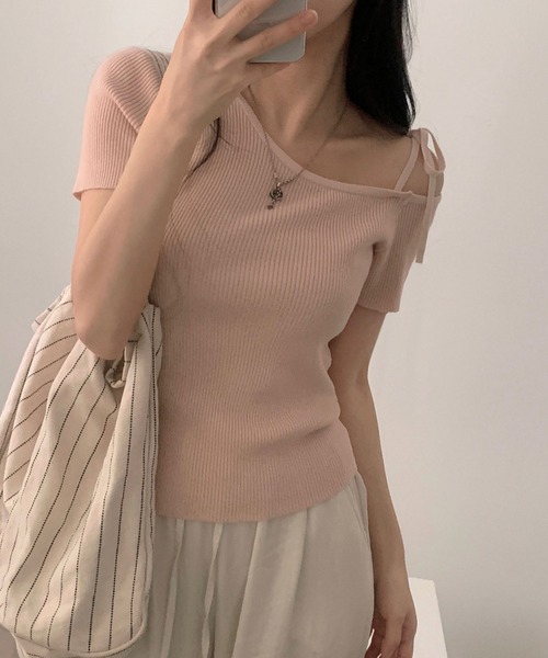 Girly Doll(ガーリードール)の「リボンワンショルダー半袖リブニット(その他トップス・レディース・グリーン/ピンク/オフホワイト/ネイビー/ピンクベージュ・FREE)」の22枚目の写真