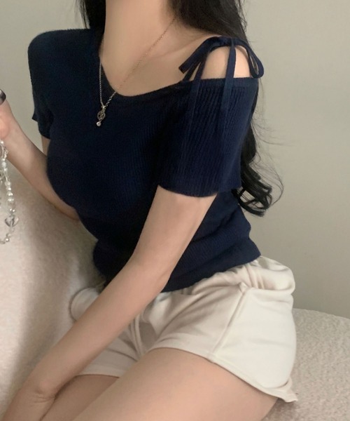 Girly Doll(ガーリードール)の「リボンワンショルダー半袖リブニット(その他トップス・レディース・グリーン/ピンク/オフホワイト/ネイビー/ピンクベージュ・FREE)」の15枚目の写真