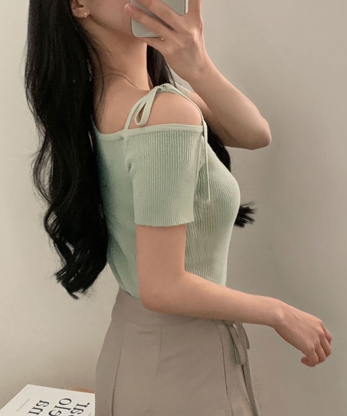 Girly Doll(ガーリードール)の「リボンワンショルダー半袖リブニット(その他トップス・レディース・グリーン/ピンク/オフホワイト/ネイビー/ピンクベージュ・FREE)」の16枚目の写真