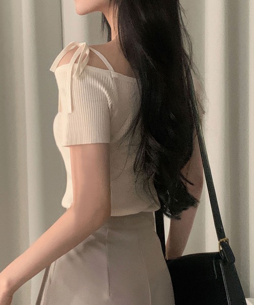 Girly Doll(ガーリードール)の「リボンワンショルダー半袖リブニット(その他トップス・レディース・グリーン/ピンク/オフホワイト/ネイビー/ピンクベージュ・FREE)」の9枚目の写真