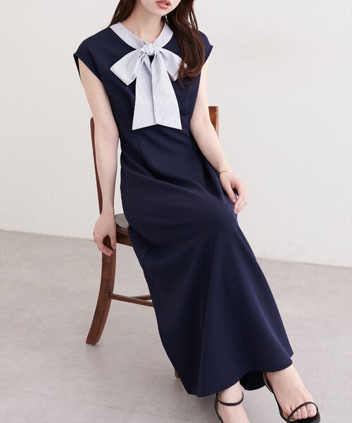 natural couture(ナチュラルクチュール)の「リボン付きノースリワンピース(ワンピース・レディース・ブルー系その他/オフホワイト/ネイビー/ブラック・FREE)」の9枚目の写真