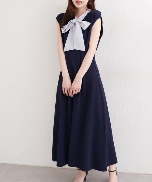 natural couture(ナチュラルクチュール)の「リボン付きノースリワンピース(ワンピース・レディース・ブルー系その他/オフホワイト/ネイビー/ブラック・FREE)」の7枚目の写真