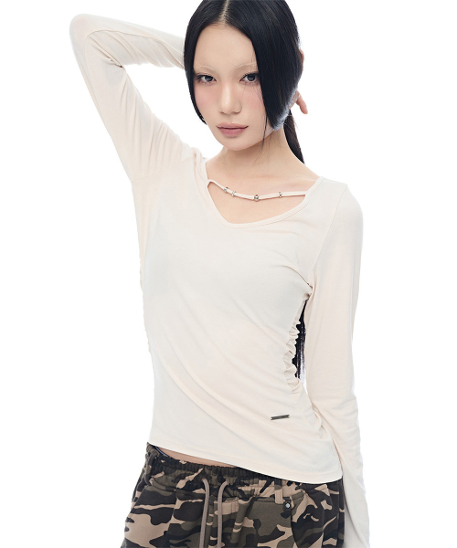 HALF DEVIL US(ハーフデビルアス)の「VネックストラップシャーリングTシャツ_ピーチ(Tシャツ/カットソー・レディース・その他・FREE)」の2枚目の写真
