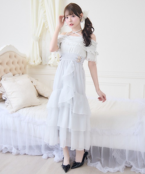 couture BY ROJITA（クチュールバイロジータ）の「オフショルドッキングティアードワンピース（ワンピース・レディース・ブラック/ホワイト/ピンク・FREE）」の7枚目の写真