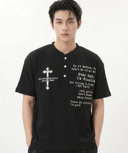 ARULE(アルール)の「A'GEM/9 × .kom 『ARULE/アルール』Cross Graphic Thermal Henley Neck T-Shirt/クロスグラフィック サーマルヘンリーネック Tシャツ(Tシャツ/カットソー・メンズ・ブラック/アイボリー・FREE)」の8枚目の写真